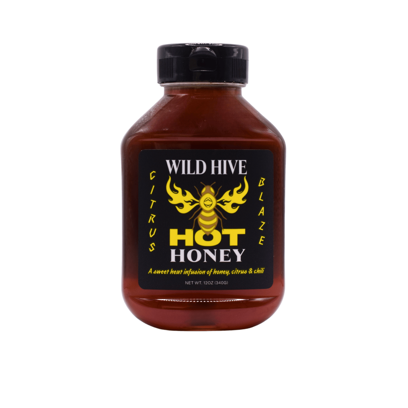 Bottle of Wild Hive Hot Honey Citrus Blaze. 
