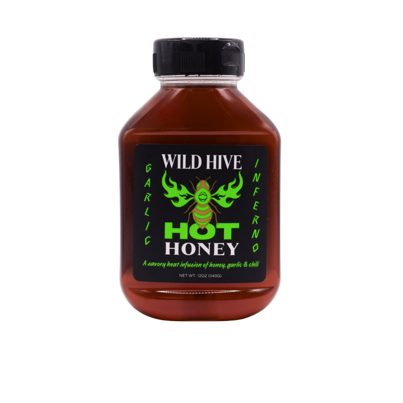 Bottle of Wild Hive Garlic Inferno Hot Honey 