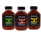 Wild Hive Hot Honey Bottles, Chili Sting, Citrus Blaze and Garlic Inferno. 