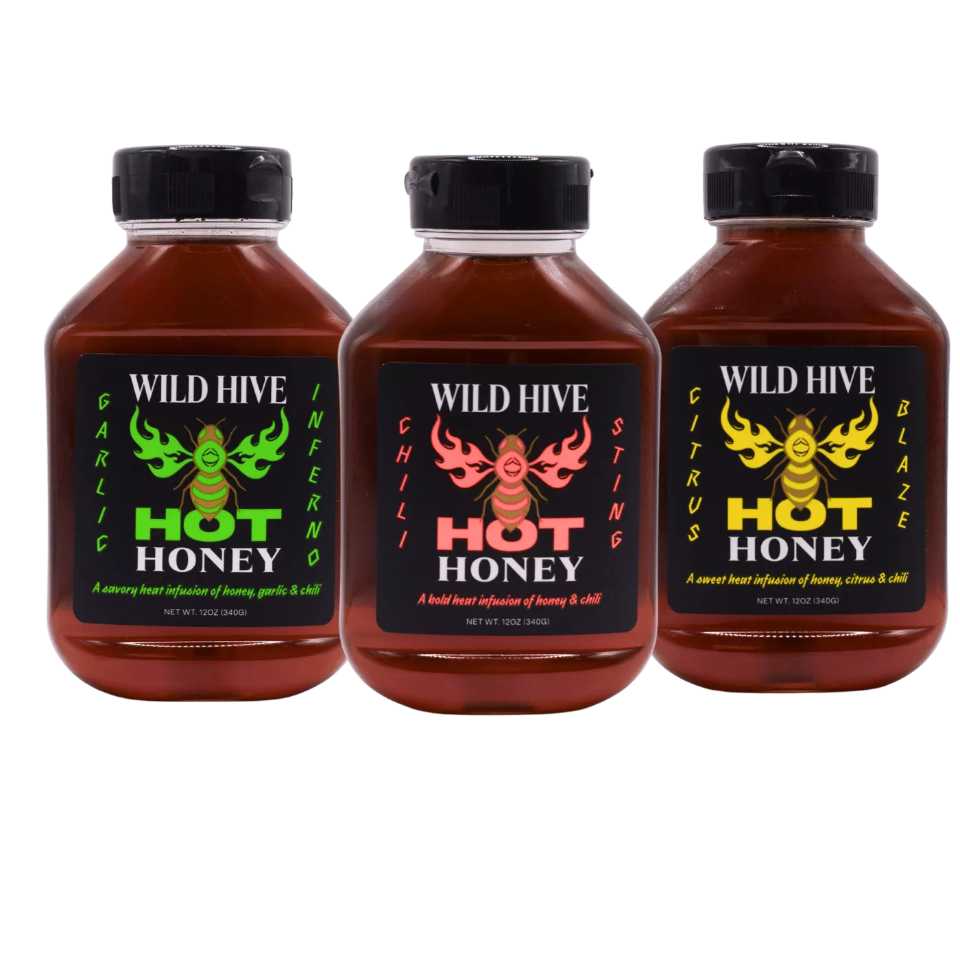 Wild Hive Hot Honey Bottles, Chili Sting, Citrus Blaze and Garlic Inferno. 